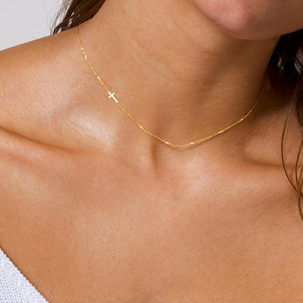 Trendy Gold Cross Necklace for Women - Hypoallergenic Sideway Choker Style - Picture 3 of 7